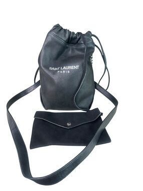 Saint Laurent Black Leather Drawstring Crossbody with Black Pouch
